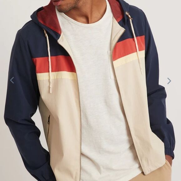 Marine layer Dawson Stretch Twill Hooded Windbreaker in Navy/Natural - Picture 3 of 7